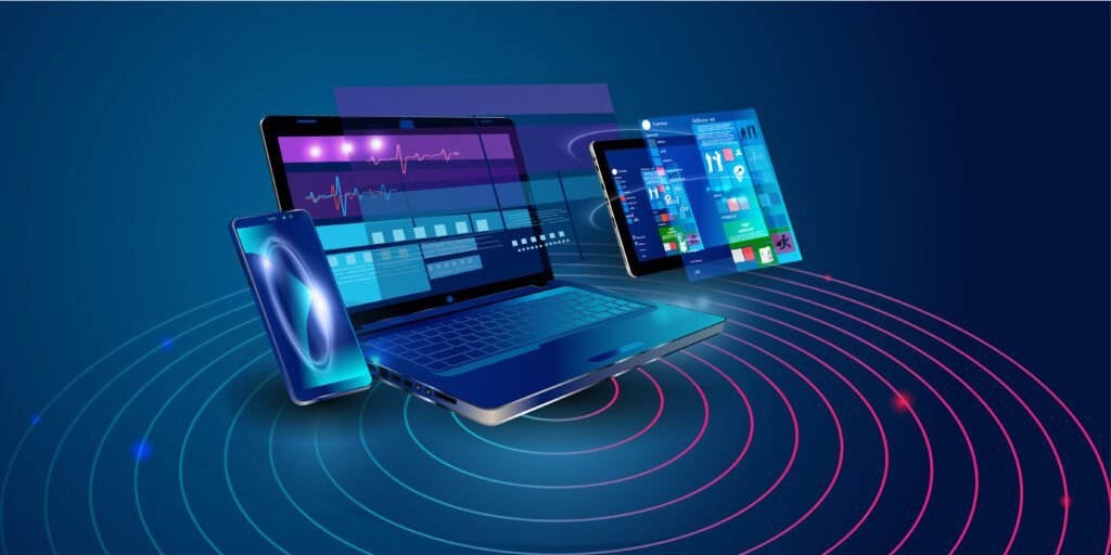 Création de site internet responsive pour de multiples plateformes. Construction d'une interface mobile sur l'écran d'un ordinateur portable, d'une tablette ou d'un smartphone. Mise en page du contenu sur les dispositifs d'affichage. Bannière conceptuelle de la technologie web
