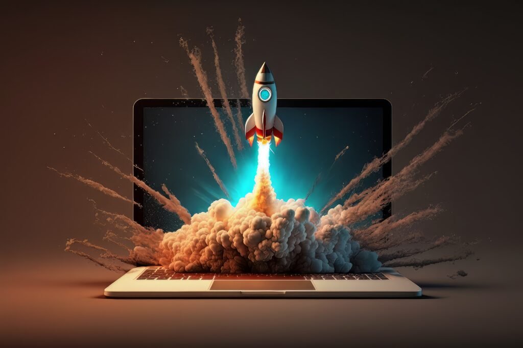 Lancement d'une fusée spatiale à partir de l'écran d'un ordinateur portable. IA générative